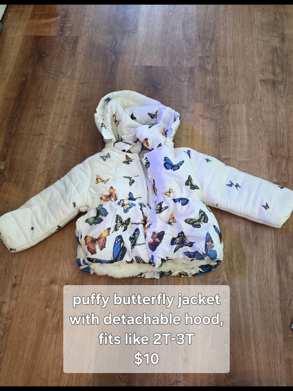 White Puffy Toddler Jacket with Colorful Butterfly Print